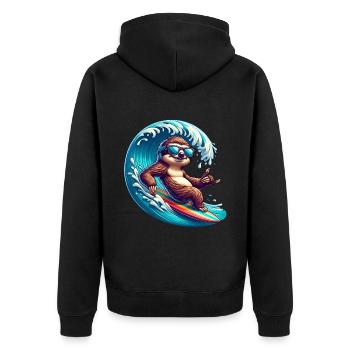 Entspannter Faultier-Surfer Auf Welle - Unisex Premium Bio Zip Hoodie - Schwarz - Hinten - Nico (187cm)