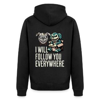 Je te suis partout chien et poupée effrayants - Veste à capuche bio Premium Unisexe - noir - Dos - Nico (187cm)