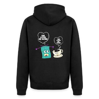 Stricken Humor Sie Liebt Mich Mehr - Unisex Premium Bio Zip Hoodie - Schwarz - Hinten - Nico (187cm)