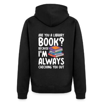 Are you a library book - Unisex Premium Bio Zip Hoodie - Schwarz - Hinten - Nico (187cm)