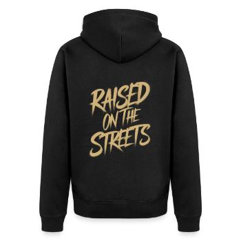 Aufgewachsen auf der Straße - Unisex Premium Bio Zip Hoodie - Schwarz - Hinten - Nico (187cm)