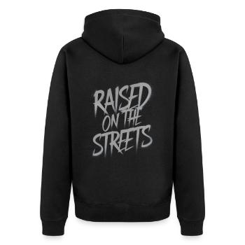 Aufgewachsen auf der Straße - Unisex Premium Bio Zip Hoodie - Schwarz - Hinten - Nico (187cm)