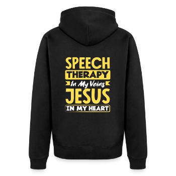 Speech therapy In my veins Jesus in my heart - Unisex Premium Organic Zip Hoodie - black - Back - Nico (187cm)