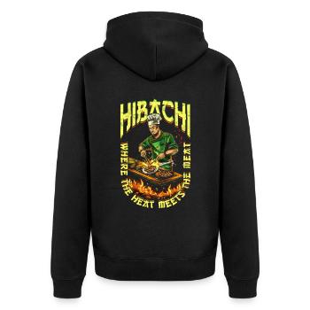 Hibachi Where The Heat Meets The Meat - Unisex Premium Bio Zip Hoodie - Schwarz - Hinten - Nico (187cm)