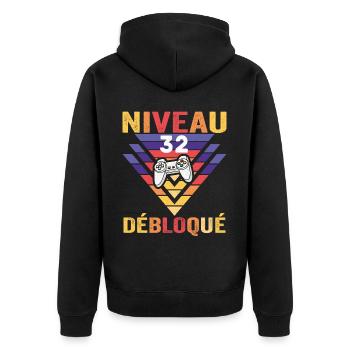 Level 32 Freigeschaltet Geschenk 32 Jahre Gamer Geek Lustig - Unisex Premium Bio Zip Hoodie - Schwarz - Hinten - Nico (187cm)