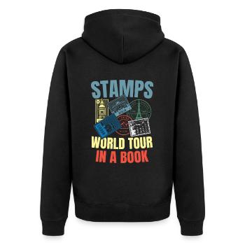 Stamps World Tour in a Book - Unisex Premium Bio Zip Hoodie - Schwarz - Hinten - Nico (187cm)