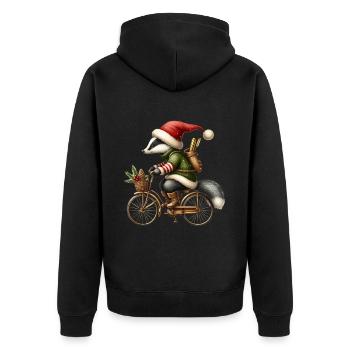 Fröhlicher Dachs Mit Weihnachtsmütze Auf Fahrrad - Unisex Premium Bio Zip Hoodie - Schwarz - Hinten - Nico (187cm)