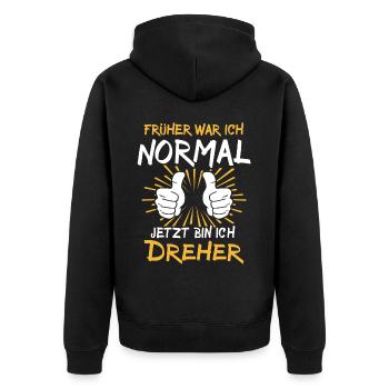 Dreher Spruch - Unisex Premium Bio Zip Hoodie - Schwarz - Hinten - Nico (187cm)