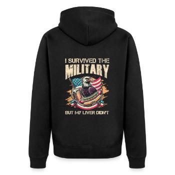 Veteran Medicated Dysfunctional - Unisex Premium Bio Zip Hoodie - Schwarz - Hinten - Nico (187cm)