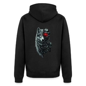 Lustiger Roboter Kunst Wolf Cyborg Tier AI Wolf - Unisex Premium Bio Zip Hoodie - Schwarz - Hinten - Nico (187cm)