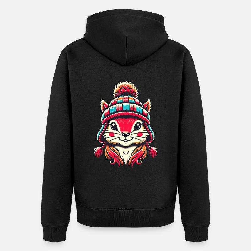 Écureuil joyeux avec chapeau d’hiver - Veste à capuche bio Premium Unisexe - noir