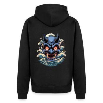 Japan Oni Maske Dämon Sad Aesthetic Edgy Streetwea - Unisex Premium Bio Zip Hoodie - Schwarz - Hinten - Nico (187cm)