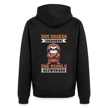 Zum Zocken geboren zur Schule gezwungen Faultier - Unisex Premium Bio Zip Hoodie - Schwarz - Hinten - Nico (187cm)