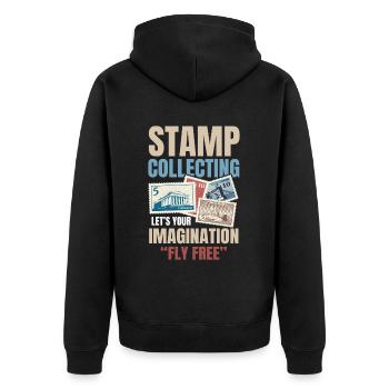 Stamp Collecting Let’s Your Imagination Fly Free - Unisex Premium Bio Zip Hoodie - Schwarz - Hinten - Nico (187cm)