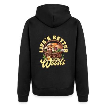 Pilzsammler Pilzzüchter Life's Better in the Woods - Unisex Premium Bio Zip Hoodie - Schwarz - Hinten - Nico (187cm)