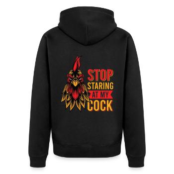 Funny Rooster Stop Staring at My Cock Nerd - Unisex Premium Organic Zip Hoodie - black - Back - Nico (187cm)