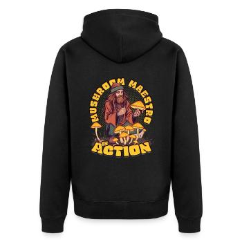 Pilzsammler Pilzzüchter Mushroom Maestro in Action - Unisex Premium Bio Zip Hoodie - Schwarz - Hinten - Nico (187cm)