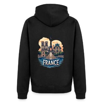 Paris Eiffelturm Bonjour Souvenirs - Unisex Premium Bio Zip Hoodie - Schwarz - Hinten - Nico (187cm)