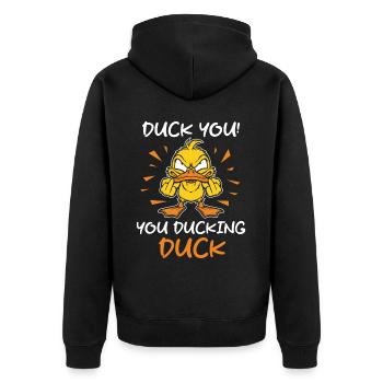 Unhöfliches Lustiges Sprichwort "Duck You" Outfit - Unisex Premium Bio Zip Hoodie - Schwarz - Hinten - Nico (187cm)