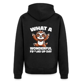 Faultier Fucked Up Day - Unisex Premium Bio Zip Hoodie - Schwarz - Hinten - Nico (187cm)