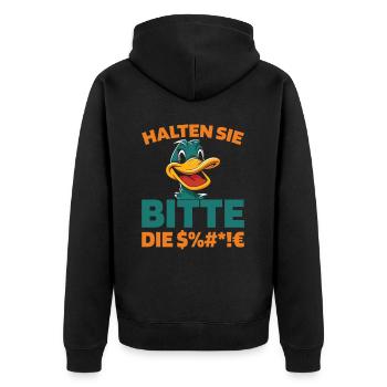 Ente Halten Sie Bitte Die Fresse - Unisex Premium Bio Zip Hoodie - Schwarz - Hinten - Nico (187cm)