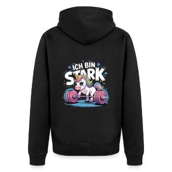 Einhorn Unicorn Ich Bin So Stark - Unisex Premium Bio Zip Hoodie - Schwarz - Hinten - Nico (187cm)