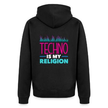 Techno Lover: Techno Ist Meine Religion - Unisex Premium Bio Zip Hoodie - Schwarz - Hinten - Nico (187cm)