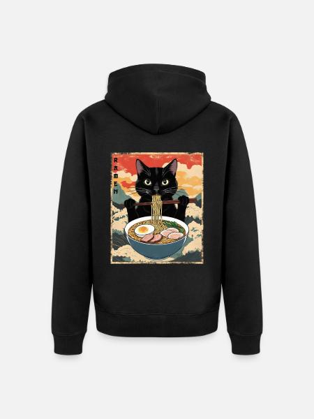 Vintage Katze Ramen - Unisex Premium Bio Zip Hoodie - Schwarz