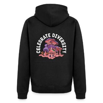 Feiere Vielfalt Pilzsammler Motiv - Unisex Premium Bio Zip Hoodie - Schwarz - Hinten - Nico (187cm)