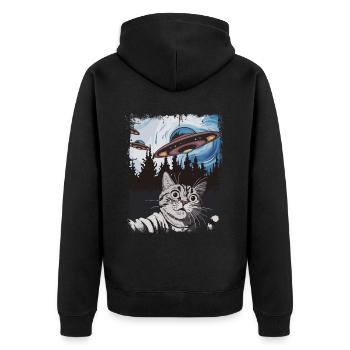 Lustige Katze Selfie UFO Grafik - Unisex Premium Bio Zip Hoodie - Schwarz - Hinten - Nico (187cm)
