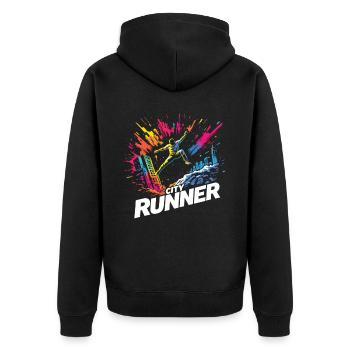 City Runner Stadtläufer - Unisex Premium Bio Zip Hoodie - Schwarz - Hinten - Nico (187cm)