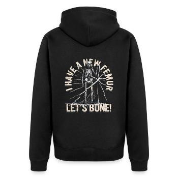 Beinbruch Gebrochener Oberschenkel - Unisex Premium Bio Zip Hoodie - Schwarz - Hinten - Nico (187cm)