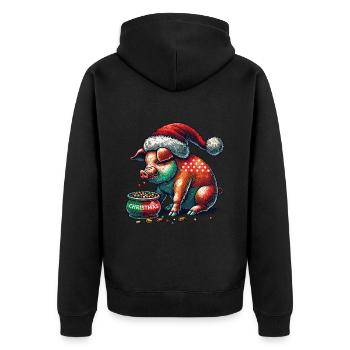 Weihnachtliche Völlerei mit Weihnachtsschwein - Unisex Premium Bio Zip Hoodie - Schwarz - Hinten - Nico (187cm)
