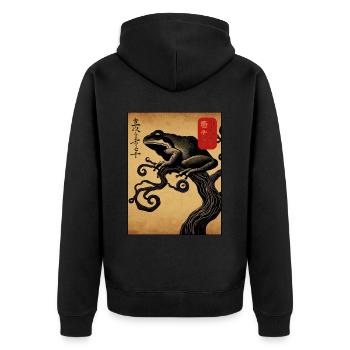 Japanese wooden block art frog lover kanji - Unisex Premium Organic Zip Hoodie - black - Back - Nico (187cm)