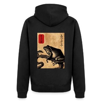 Japanese wooden block art frog lover kanji - Unisex Premium Organic Zip Hoodie - black - Back - Nico (187cm)