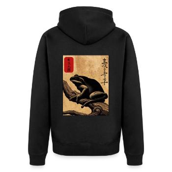 Japanese wooden block art frog lover kanji - Unisex Premium Organic Zip Hoodie - black - Back - Nico (187cm)