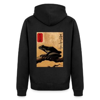 Japanese wooden block art frog lover kanji - Unisex Premium Organic Zip Hoodie - black - Back - Nico (187cm)