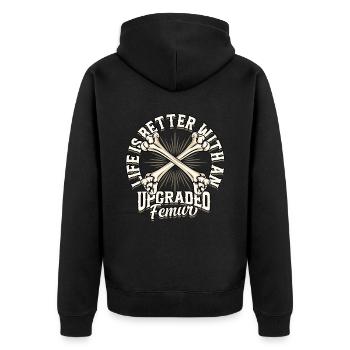 Beinbruch Gebrochener Oberschenkel - Unisex Premium Bio Zip Hoodie - Schwarz - Hinten - Nico (187cm)