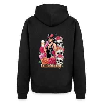 Stilvolle Frau mit Kaffee und Blumenkunst - Unisex Premium Bio Zip Hoodie - Schwarz - Hinten - Nico (187cm)