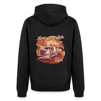Trucker Keep The Shiny Side Up - Unisex Premium Bio Zip Hoodie - Schwarz - Hinten - Nico (187cm)
