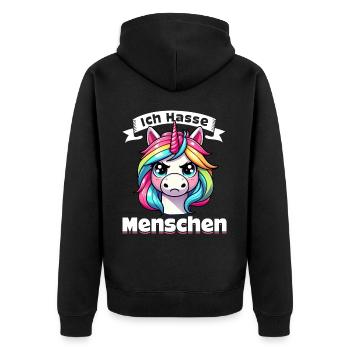 Ich Hasse Menschen Lustig Einhorn Stinkefinger - Unisex Premium Bio Zip Hoodie - Schwarz - Hinten - Nico (187cm)