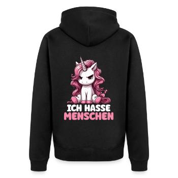 Ich Hasse Menschen Lustig Einhorn Stinkefinger - Unisex Premium Bio Zip Hoodie - Schwarz - Hinten - Nico (187cm)