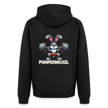 Pumpernickel-Kaninchen Fitnesstrainer Bodybuilder - Unisex Premium Bio Zip Hoodie - Schwarz - Hinten - Nico (187cm)