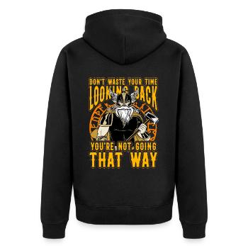 Verschwende deine Zeit nicht damit, zurückzublicken, du bist es nicht - Unisex Premium Bio Zip Hoodie - Schwarz - Hinten - Nico (187cm)