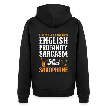 Saxophones Je parle 4 langues - Veste à capuche bio Premium Unisexe - noir - Dos - Nico (187cm)