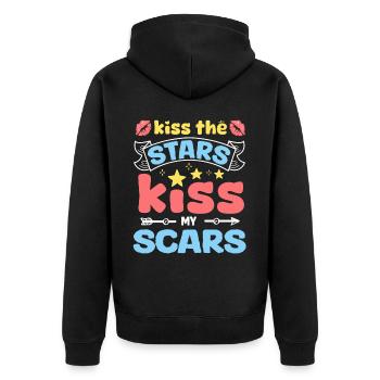 "Kiss the stars, kiss my scars" deine Geschichte - Unisex Premium Bio Zip Hoodie - Schwarz - Hinten - Nico (187cm)