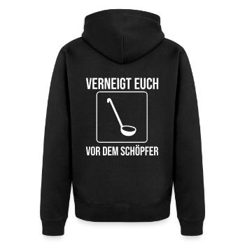 Bow down to the creator funny pun - Unisex Premium Organic Zip Hoodie - black - Back - Nico (187cm)