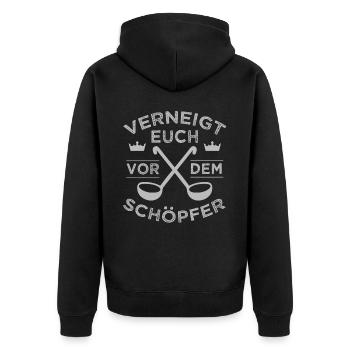 Bow down to the creator funny pun - Unisex Premium Organic Zip Hoodie - black - Back - Nico (187cm)