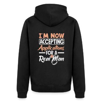 Acceptance of applications Real Man Divorce - Unisex Premium Organic Zip Hoodie - black - Back - Nico (187cm)