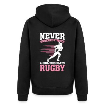 Ne sous-estimez jamais une fille qui joue au rugby - Veste à capuche bio Premium Unisexe - noir - Dos - Nico (187cm)
